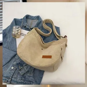 Corduroy shoulder bag casual vintage crossbody bag stylish daily use bag cream color interior detail.