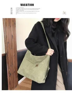 Sac porté épaule en velours côtelé japonais cabas grande capacité pour étudiants et quotidien.