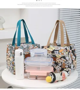 Ins style canvas lunch bag detail, thickened bento storage pouch with cute cat print design.
