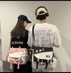 Elegante borsa a tracolla in tela per uomo e donna, grande capacità color block casual.