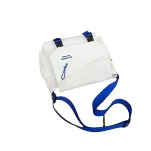 White canvas messenger bag with blue straps and black buckles, casual crossbody style.