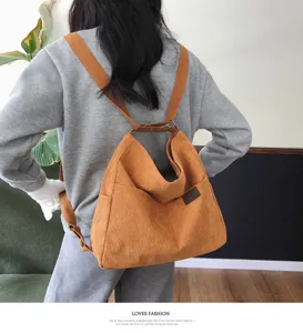 Sac a dos en velours cote vintage grande capacite sac cabas epaule etudiant mode