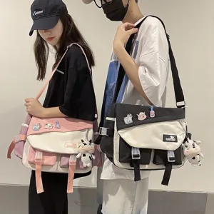 Borsa a tracolla in tela per uomo e donna, borsa messenger casual colorblock con ciondolo.