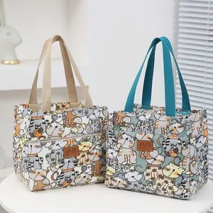 Thickened canvas lunch bag for office workers, cute cat print bento storage handbag.