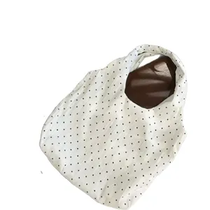 White polka dot canvas tote bag for women, casual large capacity shoulder grocery bag.