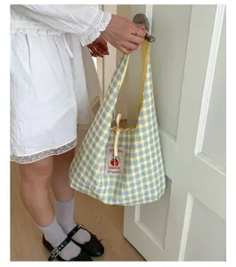 Japanese plaid canvas tote bag casual student handbag large capacity bento bag yellow blue
