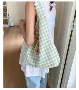Japanese style yellow blue plaid canvas tote bag casual student shoulder bag everyday use