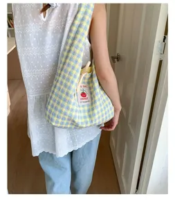 Japanese style plaid canvas tote bag casual handbag large capacity shoulder bag for women