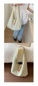 Japanese fresh plaid canvas tote bag, casual large capacity handbag for daily student use.