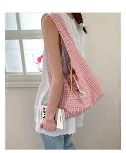 Classic Japanese style fresh plaid canvas tote bag for students, large shoulder bag for women.