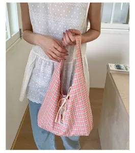 Japanese style plaid canvas tote bag, cute student bento bag with drawstring closure.