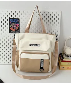 Large capacity canvas shoulder crossbody bag, stylish contrast color tote bag for daily use.