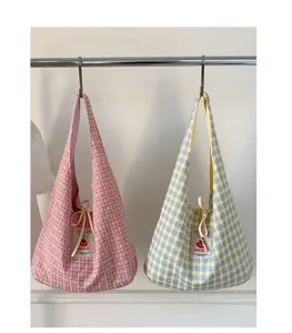 Japanese style plaid canvas tote bag, large capacity casual shoulder bag for students daily use.