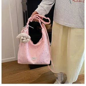 Sweet star print pink tote bag large capacity lazy style shoulder bag with cute puppy charm