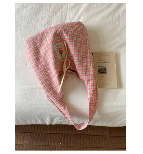 Japanese style fresh plaid canvas tote bag casual student shoulder bag detailed top view display