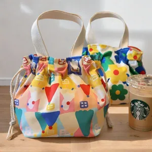 Sac à lunch bento en toile imperméable avec cordon géométrique mignon pour travail et école.