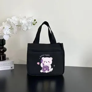 Borsa shopper in tela nera con stampa di orsetto carino, borsa casual e pratica per tutti i giorni.
