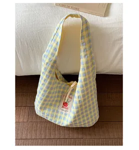 Japanese style fresh plaid canvas tote bag, large capacity casual shoulder bag for daily use.