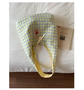 Japanese fresh blue yellow plaid canvas tote bag, cute bow tie detail, daily casual style bag.