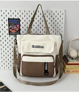 Large capacity canvas shoulder bag, stylish contrast color tote with multi pockets for daily use.