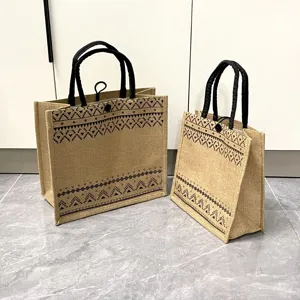 Casual jute tote bag with ethnic geometric print, stylish linen handbag for women daily commuting.