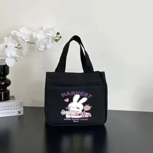 Borsa a mano in tela nera casual con simpatica stampa di coniglio, grande borsa tote.