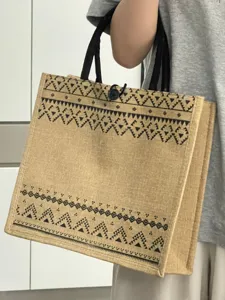 Casual jute tote bag with ethnic geometric print, large capacity commuter bag for women daily use.