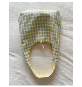 Japanese style fresh yellow and blue plaid canvas tote bag for students daily use detail view.