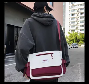 Korean style white and maroon nylon messenger bag detail view, large capacity shoulder bag.