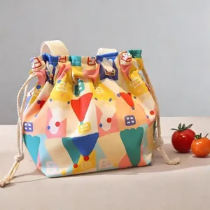 Sac a dejeuner en toile impermeable avec cordon et motif geometrique colore pour ecole travail.