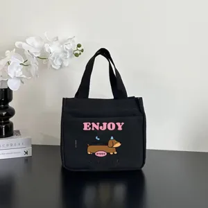Borsa shopper in tela nera borsa da pranzo casual con stampa di cucciolo per uso quotidiano.