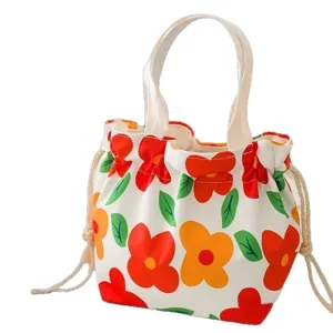 Joli sac à lunch fourre-tout en toile japonaise avec cordon de serrage et imprimé floral