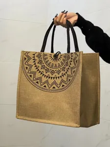 Detailed view of the casual linen tote bag featuring unique ethnic geometric print and handles.