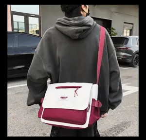 Korean style nylon messenger bag, color block design, casual cross-body shoulder bag.