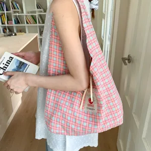 Japanese fresh pink blue plaid canvas tote bag large capacity casual shoulder bag