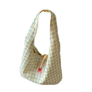 Japanese style plaid canvas tote bag, casual large capacity shoulder bag for women.