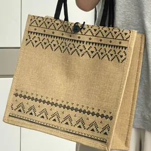 Stylish casual jute tote bag retro geometric print linen handbag for women daily commute