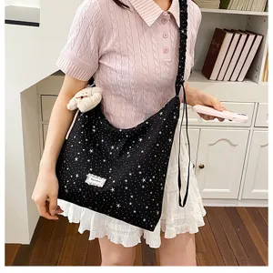 Sweet lazy style large capacity tote bag with starry print, casual everyday shoulder bag.
