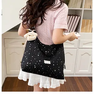 Women's Large Capacity Starry Sky Print Tote Bag Casual Lazy Style Shoulder Bag Black