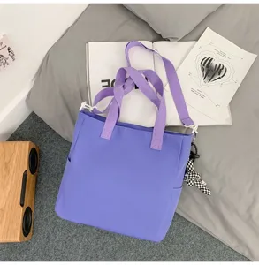 Sac cabas en toile violette simple de style japonais, sac à bandoulière décontracté.