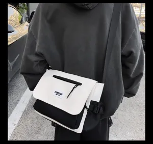 Casual nylon messenger bag for students, stylish black and white color block crossbody design.