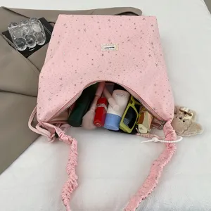Sweet large capacity pink tote bag with star print, casual style fabric shoulder bag for women
