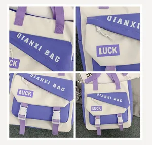 Vue détaillée du sac à dos en toile violette et blanche avec des boucles sécurisées.