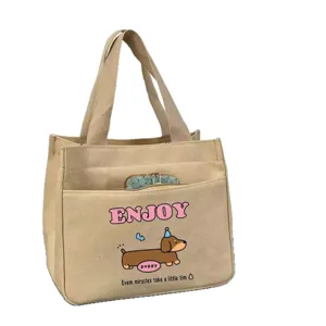 Borsa shopper in tela casual da donna, grande borsa da lavoro con stampa cucciolo.