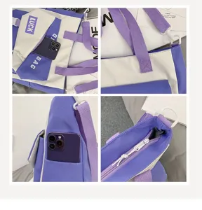 Détail de sac à dos en toile bicolore avec sangles durables, poches pratiques et fermeture.