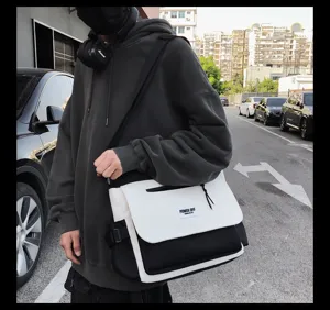 Korean style nylon messenger bag large capacity black white contrast streetwear crossbody bag