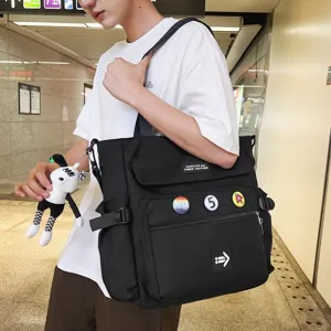 Große schwarze Canvas-Tasche, stilvolle Studenten-Pendler-Umhängetasche mit vielen Fächern für Alltag.