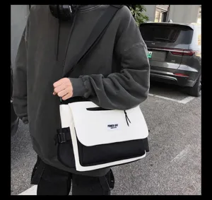 Black and white nylon messenger bag for daily casual use, large capacity shoulder bag.