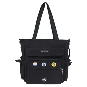 Schwarze große Kapazität Canvas Shopper Tasche Schultertasche mit Fächern und niedlichen Ansteckn