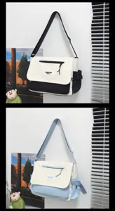 Casual nylon messenger bag with large capacity, contrast color design, ideal for student daily use.